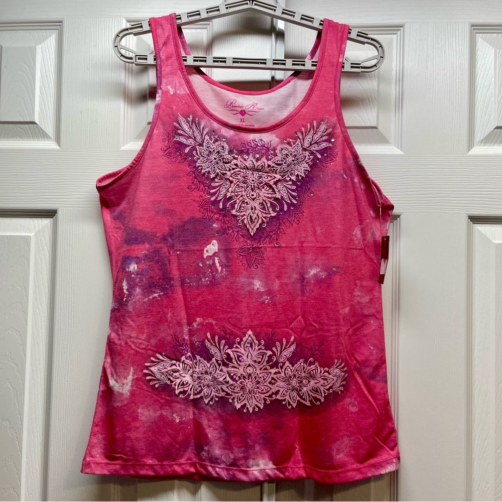 NWT Prairie Rose Pink Tie Dye Rhinestone Floral Tank Top XL Western Boho Bling
